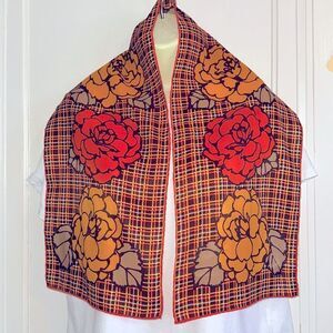 Vintage 60s/70s Ben Goodman orange, brown, tan & yellow floral plaid scarf